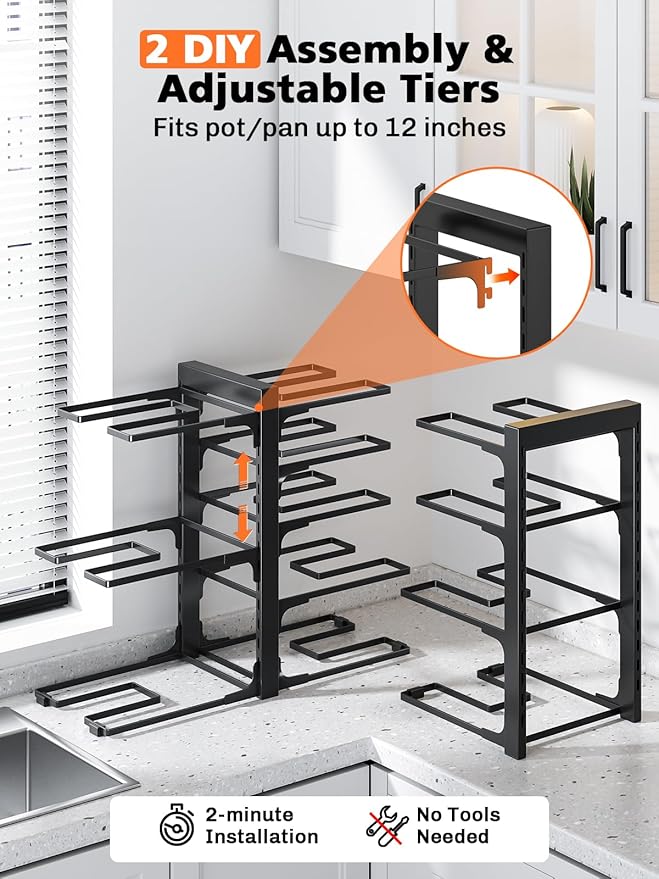 MUDEELA 8-Tier Heavy Duty Pots and Pans Organizer under Cabinet, Black | Adjustable 15.83" H pot rack, pan organizer Holds big stockpots, Cast Iron Skillet and cookware for use inside cabinets - Image 6