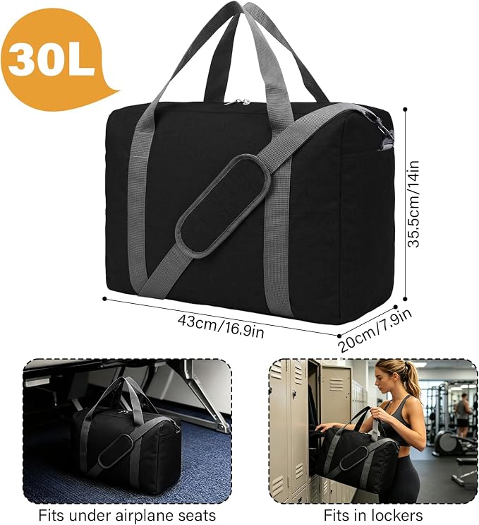 30L Foldable Underseat Travel Duffel Bag 17.3"x13.8"x7.9" – Lightweight Carry on Luggage for Women and Men, Waterproof Overnight Bag, Gym Sport Holdall, Hospital Tote with Trolley Sleeve, Black - Image 2
