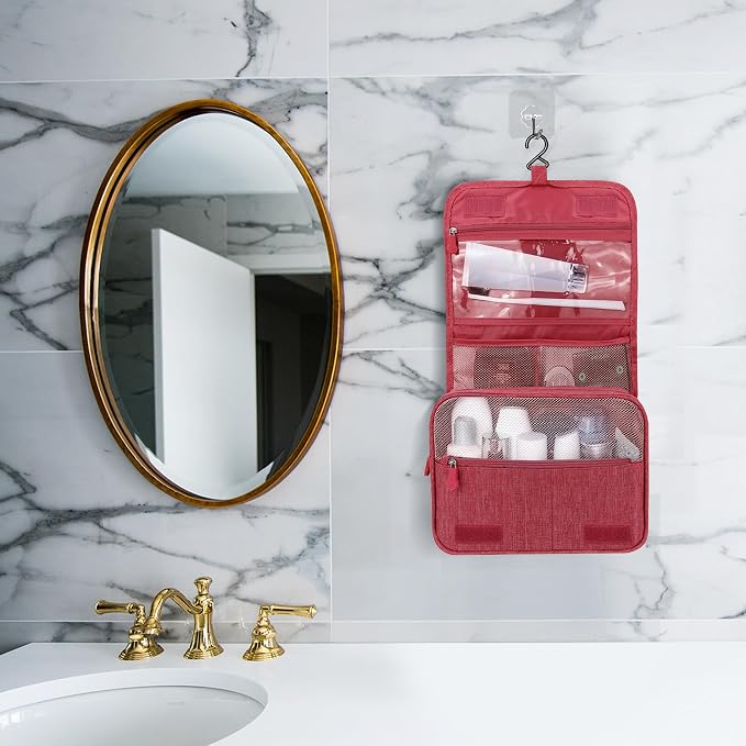 Lcsmaokin Large Capacity Toiletry Bag Travel Bag with Hanging Hook for Men and Women Waterproof Travel Cosmetic Bag Bathroom Storage Bag for Brushes Set, Full-Sized Shampoo, Toiletries, Wine Red - Image 6