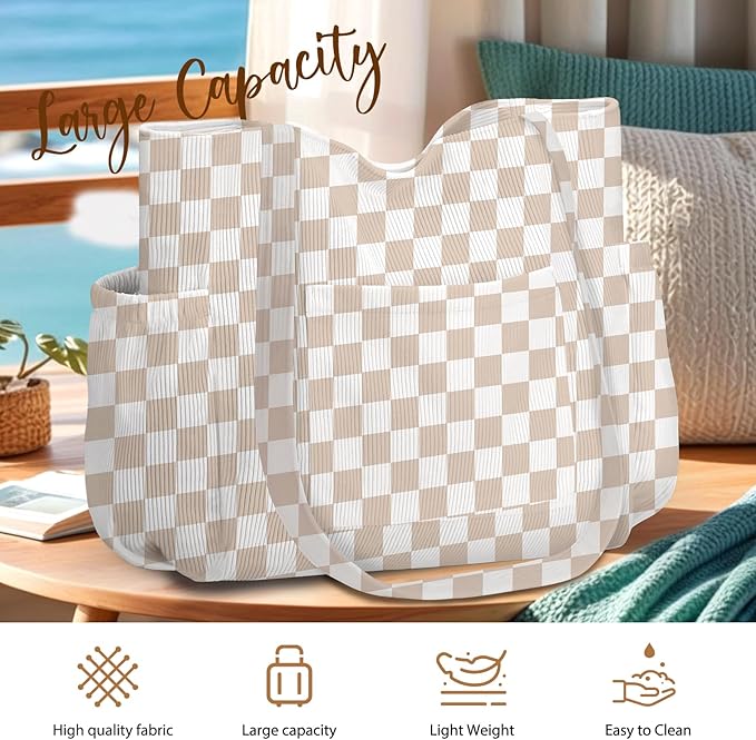 Corduroy Tote Bag for Women,Large Capacity Cute Tote Bags With 6 Pockets,Crossbody Shoulder Handbag for Work Travel Gym - Image 4