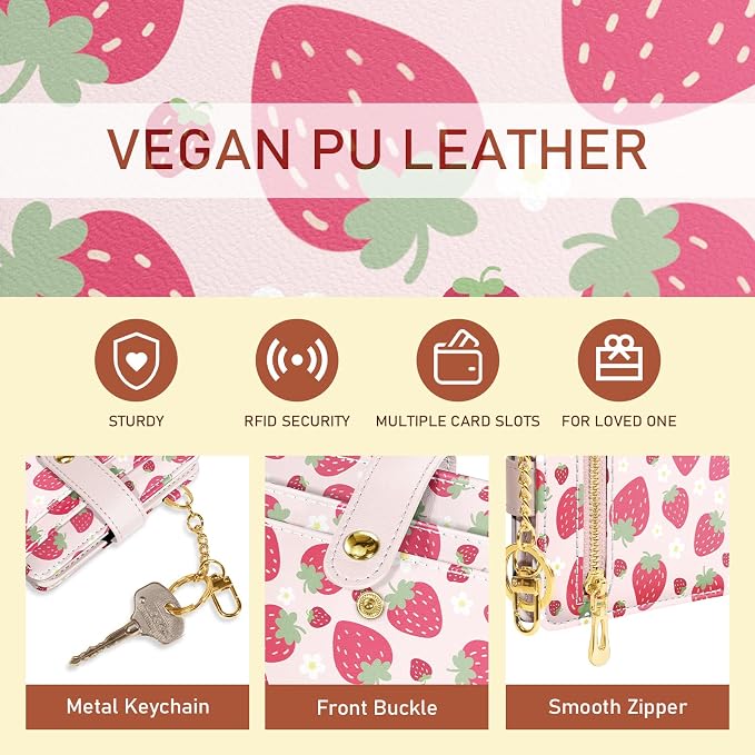 Jogjam Strawberry Rfid Girls Teen Women Wallet, Small Credit Card Holder | PU Leather Bifold Cash Zipper Coin Pocket ID Window, for Female Ladies Teen Girls Girly Gifts - Image 6