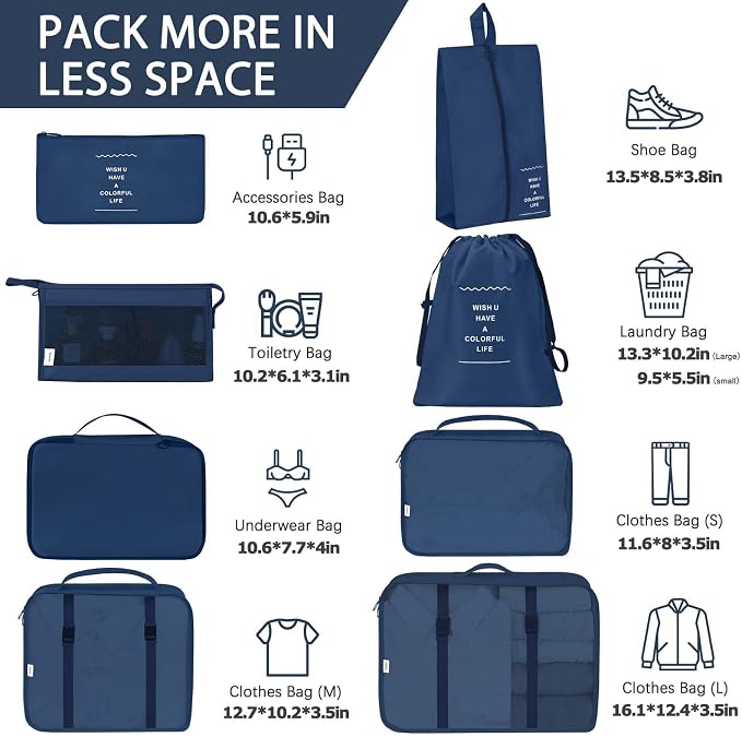 KPX 8 Set Packing Cubes for Travel, Luggage Packing Organizers Accessories Large Toiletries Bag for Clothes Shoes Cosmetics (Navy Blue) - Image 2