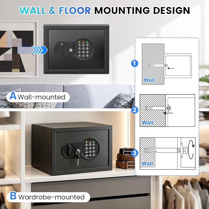 9.84'' Tall Small Safe Box, Home Safes with Removable Shelf | Fireproof Bag, Keys & Pass Code,Mini Fireproof Security Safe with Smart Alert and Wall Mount Kits for Money,Jewelry,Documents - Image 9