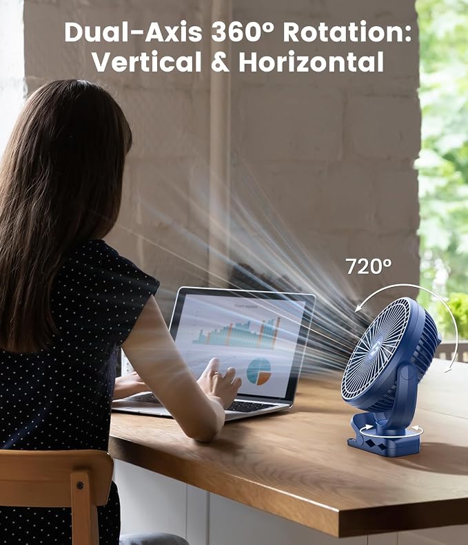 8" Clip on Fan, 20000mAh Rechargeable Fan Battery Portable, Strong Airflow | 3 Speeds, USB Fan Small Desk Fan Personal Quiet Fan for Office, Stroller, Bedroom, Camping, Gifts for Men, Blue - Image 4