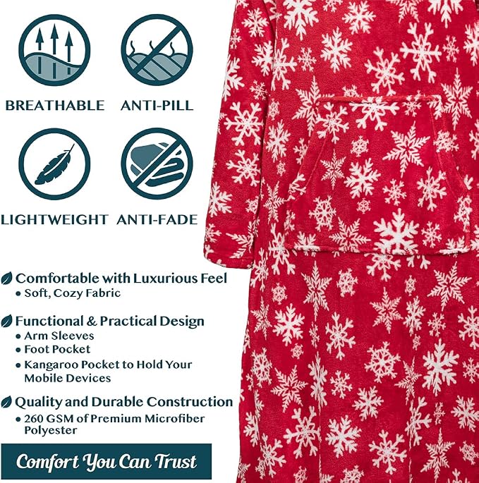 PAVILIA Fleece Blanket with Sleeves, Foot Pockets for Women Men Adults, Plush Wearable Blanket Throw Wrap, Warm Snuggle Blanket Robe, Cozy Gift Ideas Wife Mom, Snowflake Red - Image 4