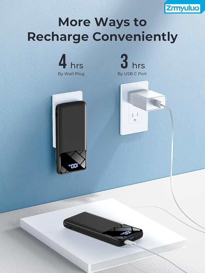 Portable Charger 10000mAh Power Bank with Built-in Cables and Wall Plug | Slim Fast Charging USB-C Battery Pack, LED Display Travel Essential Portable Phone Charger for Cell Phones(Black) - Image 8