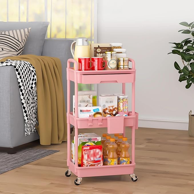 3 Tier Rolling Utility Cart with Drawer, Plastic Storage Organizer Rolling Carts with Wheels Handles Hanging Cups Hooks for Office, Bathroom, Kitchen,Craft Art Room (Pink) - Image 8