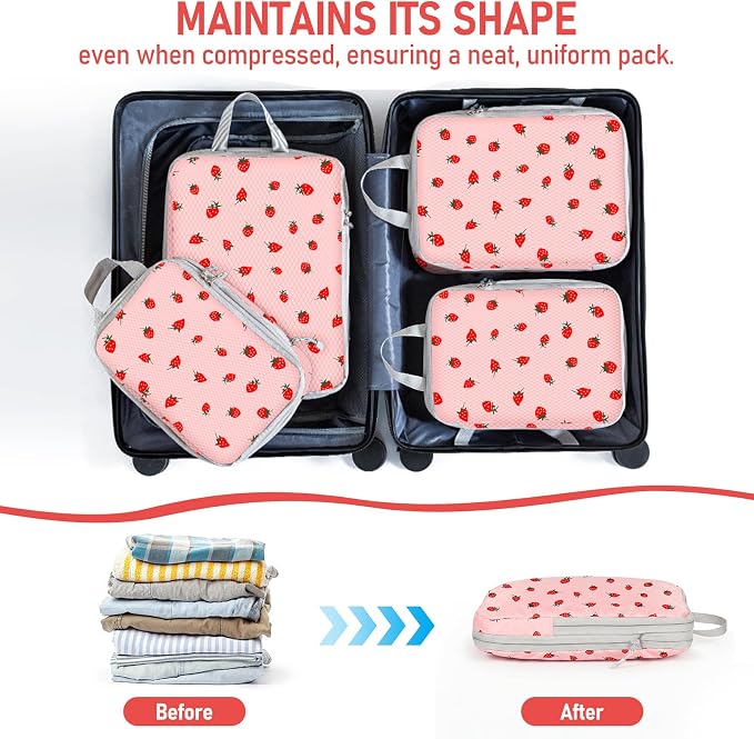 6 Set Compression Packing Cubes, Suitcase Organizer, Lightweight Travel Essentials, Compression Bags For Travel Accessories Luggage Storage Set (6Pcs, Pink Strawberries) - Image 5