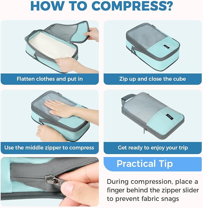 BAGAIL Lightweight Compression Packing Cubes for Travel, 6 Set, Dusty Blue | Salis Nylon Fabric,Anti-Tearing,Save Space,SBS Zippers,Packing List,PVC Tag Pocket,Custom Labels,Visible Mesh,Portable Handel - Image 6