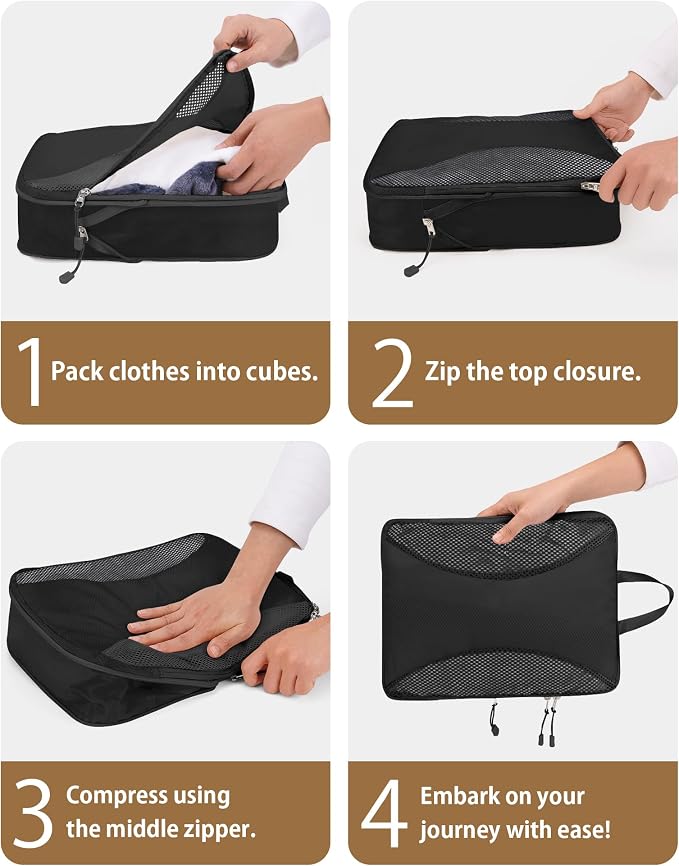 12-Piece Expandable Compression Packing Cubes, Space Saving Suitcase Organizers for Travel, Heavy Duty Luggage Storage Pouches Set, Black - Image 8