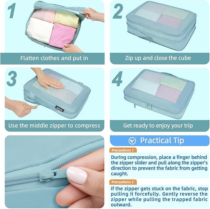 BAGAIL 4 Set/6 Set/8 Set Compression Packing Cubes Travel Accessories Expandable Packing Organizers (Square Mesh, 06-Dusty Blue) - Image 4
