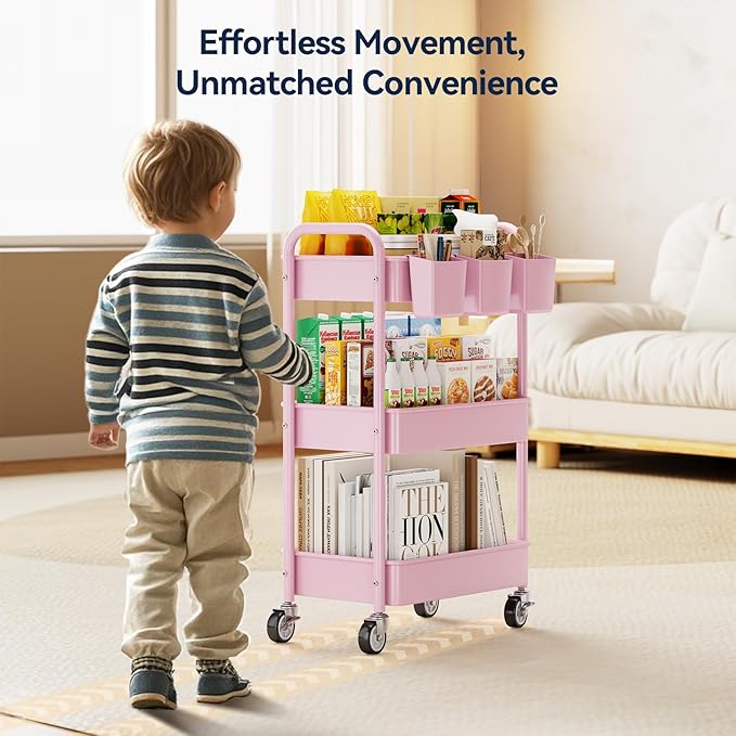 3 Tier Rolling Cart, Heavy Duty Metal Utility Cart with Wheel Pink | Sturdy Rolling Storage Cart With Hooks & Hanging Cups, Great For Craft, Art Workspace, Kitchen ,Snack And Office Storage - Image 3