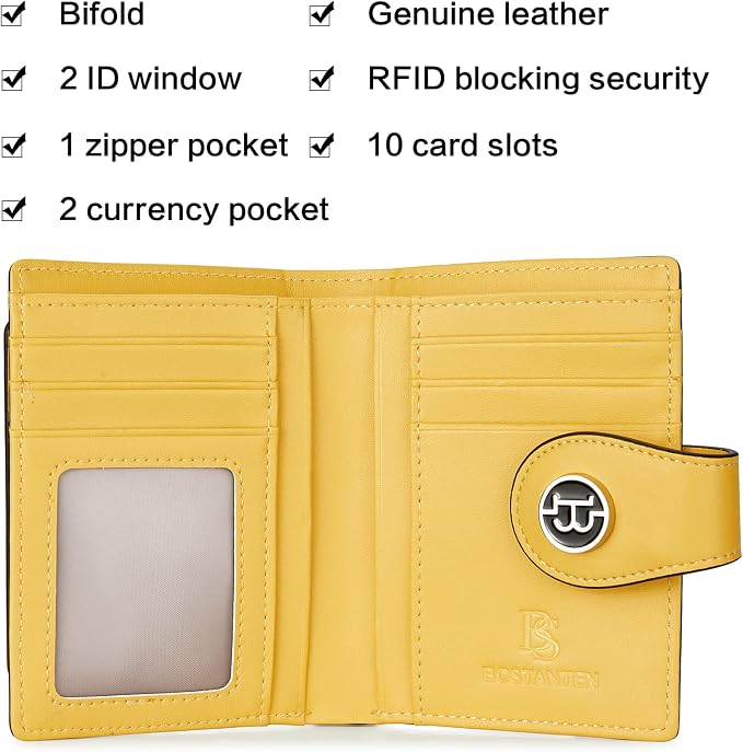 BOSTANTEN Leather Womens Wallet Small RFID Blocking Credit Card Holder | Removable ID Window, Zipper Coin Pocket, Bifold, Minimalist, Fits Small Purses, Daily Use, Ladies Gifts, Floral Yellow - Image 3