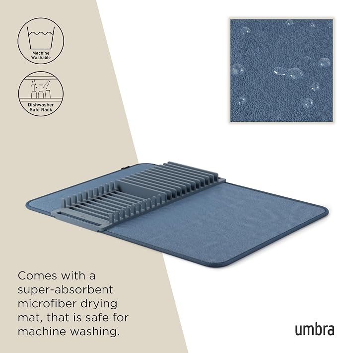 Umbra Udry Dish Drying Rack with Mat, Folds Flat for Storage, Slate Blue | Protects countertop, BPA-free, recycled plastic construction - Image 5