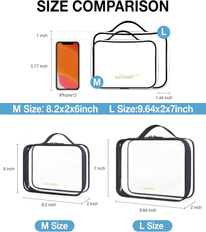 BAGSMART Clear Toiletry Bag with Handle 2-Pack TSA Approved, Black | Water-resistant Travel Toiletry Bag, Carry On Travel Accessories Bag, Airport Airline Quart Size Bags Women Men, Makeup Bag - Image 2
