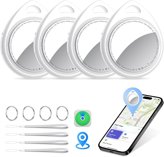 Air Tracker Tags-4 Pack Work with Apple Find My (iOS Only) 100dB Sound | 5.3 Smart Bluetooth Tracker, Smart Tag with Keychain/Lanyard, Item Finder for Luggage/Key/Suitcase, Replaceable by QCOQ