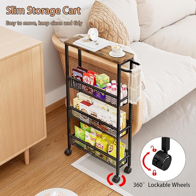 Slim Rolling Cart 4 Tier Narrow Storage Cart on Wheels with Handle | Lockable Wheels, Wood Top Panel, Metal Frame Utility Carts for Kitchen, Dining, Living, Home Office, Laundry Room - Image 4