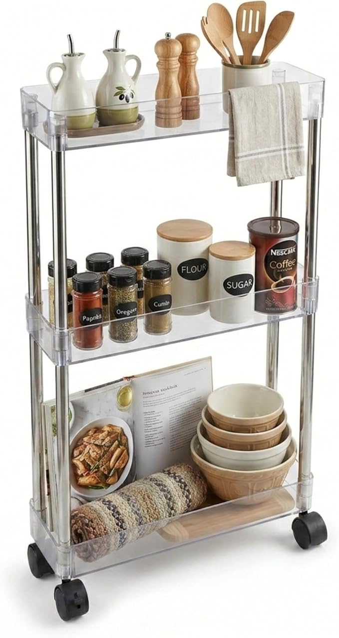 American Dream Home Chrome/Clear Acrylic Slim 3-Tier Rolling Cart Portable Narrow Storage Trolley with Wheels, Transparent Shelves for Bathroom, Kitchen, Office & Small Spaces by AmericanDreamHomeGoods