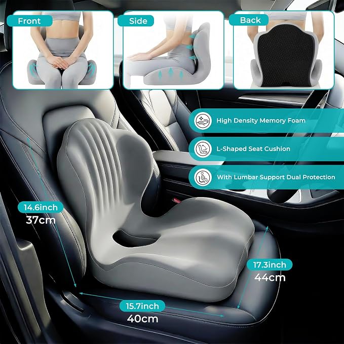 Memory Foam Seat Cushion with Lumbar Support Pillow for Truck Driver, Ergonomic L-Shaped Car Seat Cushion for Tailbone Pressure Relief, Non-Slip Chair Pad for Long Driving, Gray - Image 2