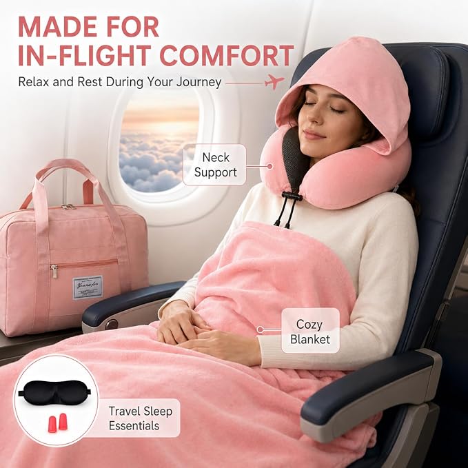 Travel Blanket and Pillow Set - Hooded Neck Pillow Airplane Essentials Pink | Memory Foam, Sleep Mask, Earplugs, Foldable Duffel Bag Soft Comfort for Long Plane Flight Traveling Car Road Trip Flying - Image 6