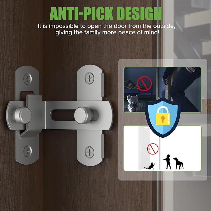 Barn Door Lock, 90 Degree Bifold Flip Door Latch, Silver | Stainless Steel Angle Latch Lock for Barn, Bathroom, Outdoor, Garage - Image 3