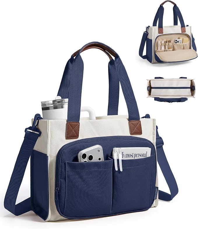 BAGSMART Canvas Tote Bag for Women, Small Work Tote Bag with Zipper | 30oz/40oz Tumble & 11 Pockets Travel Tote, Teachers/Nurses, Lightweight Canvas or Water-Resistant Puffer Taslon Crossbody Bag by BAGSMART