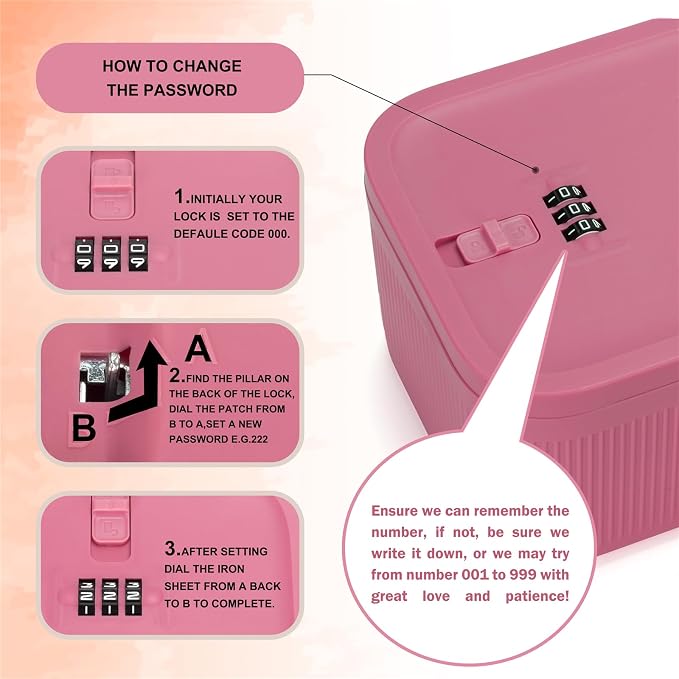 Small Lock Box for Medicine Safe, Lockable Storage Box with Combination Code, Ideal for Food & Fridge Items, First Aid Kit Organizer, Phone Jail, Perfect for Home, Office, Dorm, Travel, Gift (Pink) - Image 2