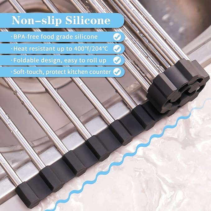 Seropy Roll Up Dish Drying Rack Over The Sink Drying Rack for Kitchen Counter, Folding Dish Rack Over Sink Mat, Stainless Steel Dish Drainer Rack Kitchen Sink Organizer Accessories 17.5"x13.7" - Image 5