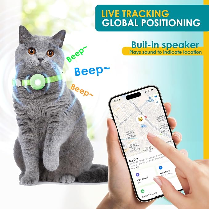 Smart Cat GPS Tracker, Cat Tracker Collar with Safety Elastic Buckle, Compatible with Apple Find My App (Only iOS), No Monthly Fee, Waterproof (White Tracker, Green Cat Collar) - Image 3