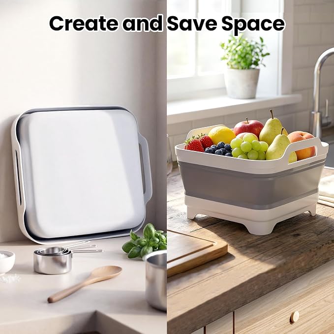 Volnamal Collapsible Wash Basin with Drying Rack & Drain Plug, Gray | Portable 2.4 Gal Dish Tub, Foldable Basin for Baby Bottle, Vegetable, Camping Sink, Kitchen, RV, Camp, Outdoor Space-Saving - Image 8
