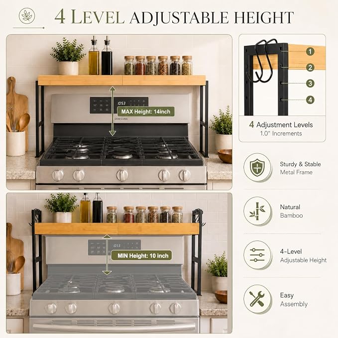 Spice Rack Shelf for Kitchen Stove, Bamboo Over the Stove Shelf with 4 Level Adjustable Height, 33 Inch Stove Top Spice Rack Organizer with 4 Hooks, Reinforced 30 lb Capacity, Non-Slip Pads, Black - Image 5