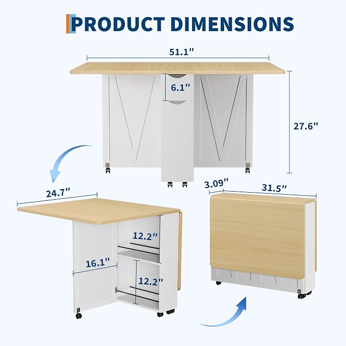 Garvee Folding Dining Table with Storage, Folding Kitchen Table with 6 Wheels, Drawer & Shelves, Compact Dining Table for Small Spaces - Image 2
