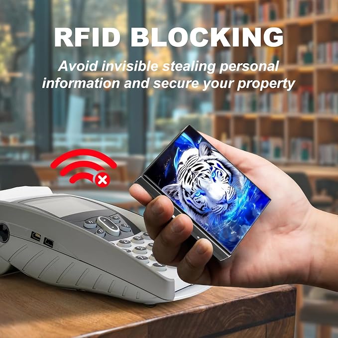 Metal Wallet,Credit Card Holder for Women,Slim RFID Blocking Credit Card Holder Thin Aluminum Wallet ID Case,6 Slot Business Mini Hard Metal Case for Women/Men,White Tiger Blue - Image 3