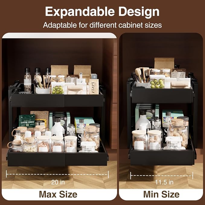 2-Tier Expandable Pull Out Cabinet Organizer, Heavy Duty Adjustable Width Metal Slide Out Shelf, No Screw Cabinet Storage Rack for Kitchen Bathroom 17in Depth Cabinet（Black） - Image 3