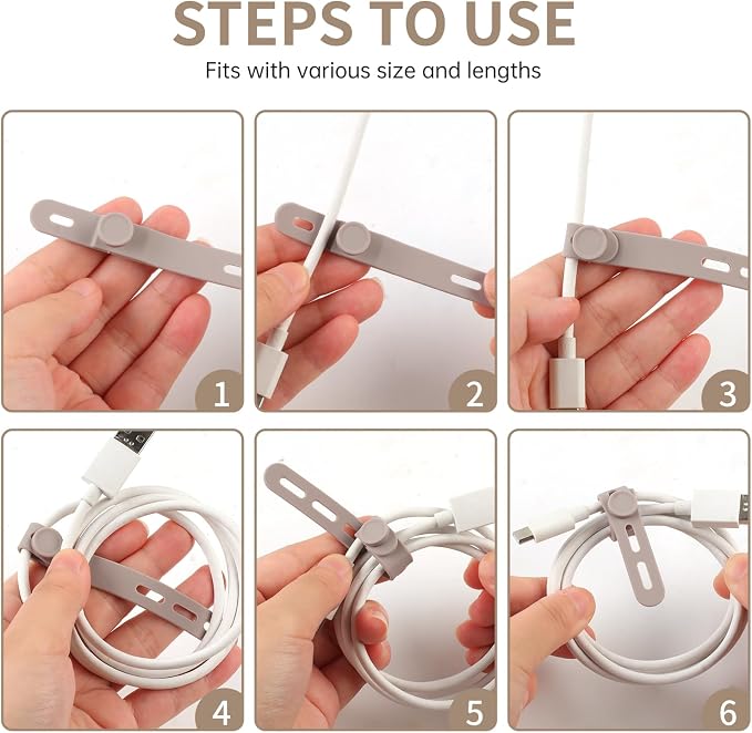 Oligei 25 Pcs Silicone Cable Ties, Cable Ties Reusable, High Elasticity Cord Wraps for Electrical Cords, Cord Organizer for Earphone, Phone Charger(Khaki) - Image 5