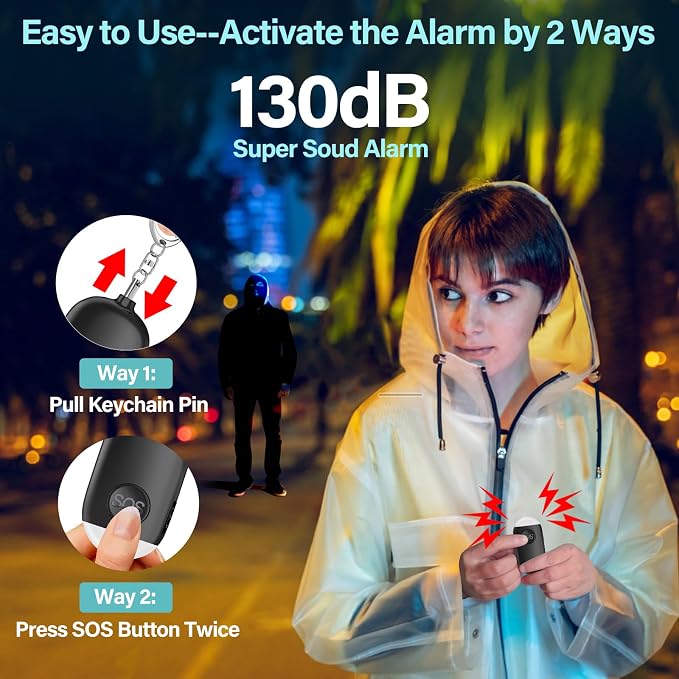 Hion Personal Safety Alarm for Women, 3 Pack Rechargeable 130dB Self Defense Keychain with LED Flashlight, Emergency Safe Sound Security Alarm for Children Elderly, White+Pink+Black - Image 2