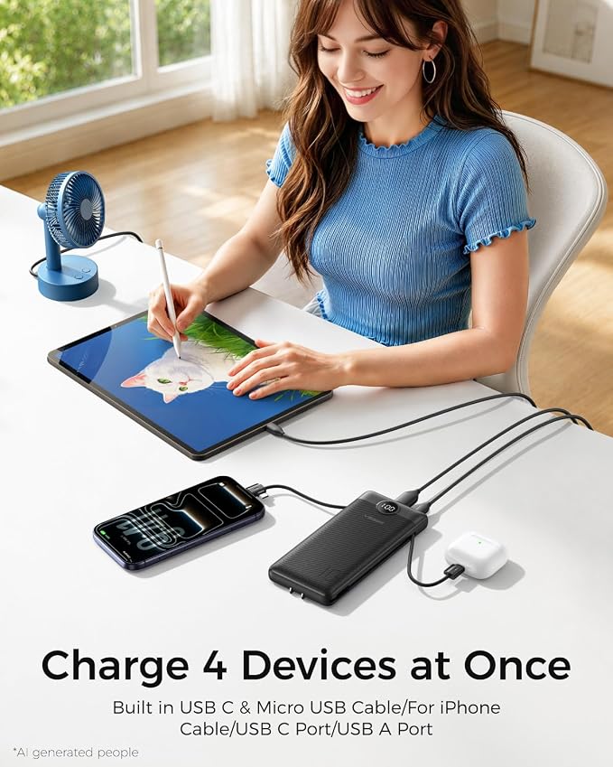 VEGER Portable Charger for iPhone, Power Bank Built in Cables and Wall Plug | 10000mAh,Ultra Slim&Compact,5 Outputs,LED Display,Flight-Safe,Travel Essentials Battery Pack for iPhone 17,iPad, Samsung,etc - Image 3