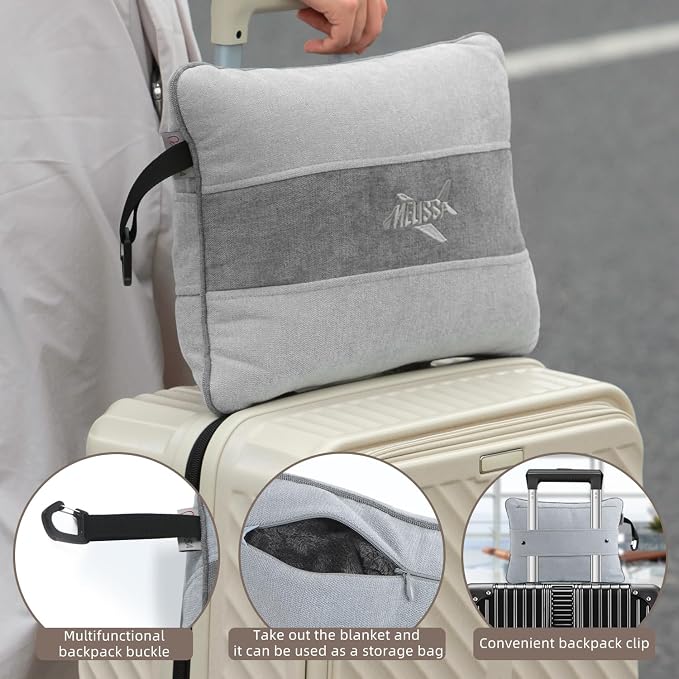 Melissa Large Soft Travel Blanket and Inflatable Pillow Set | Size-69“ x 43.3”, Carry Bag – Lightweight, Compact & Washable for Backpacking, Hiking, Airplane, Car, Office, Camping (Gray) - Image 8