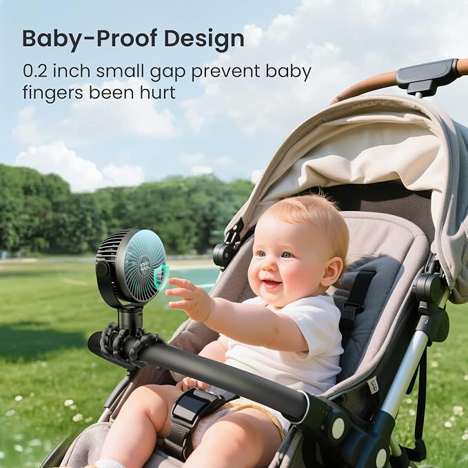 Coohea Portable Stroller Fan, 25H Long-lasting, 4 Speed, Night Light, Black | 4000mAh Rechargeable Battery Powered Fan, Head Detachable 360° Rotate Mini Fan, Easy to Wrap for Car Seat Crib Bike Treadmill - Image 6