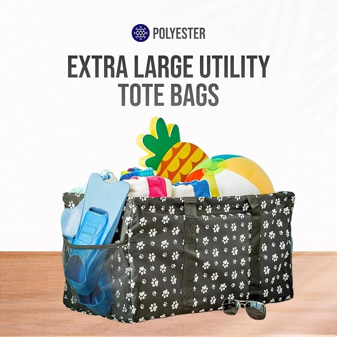 Extra Large Utility Tote Bag - Oversized Collapsible Reusable Wire Frame Rectangular Canvas Basket With Two Exterior Pockets For Beach, Pool, Laundry, Car Trunk, Storage - Dog Paw - Image 7