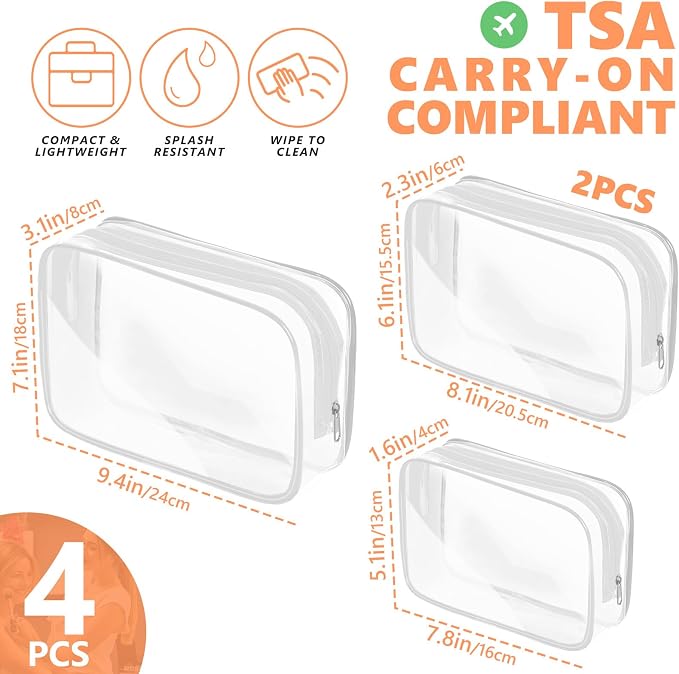 AURUZA Clear Makeup Bag,Portable Travel Toiletry Bags with Zipper, TSA Approved Clear Organizer Bags, PVC Cosmetic Pouch for Airport Airline Compliant - Image 2