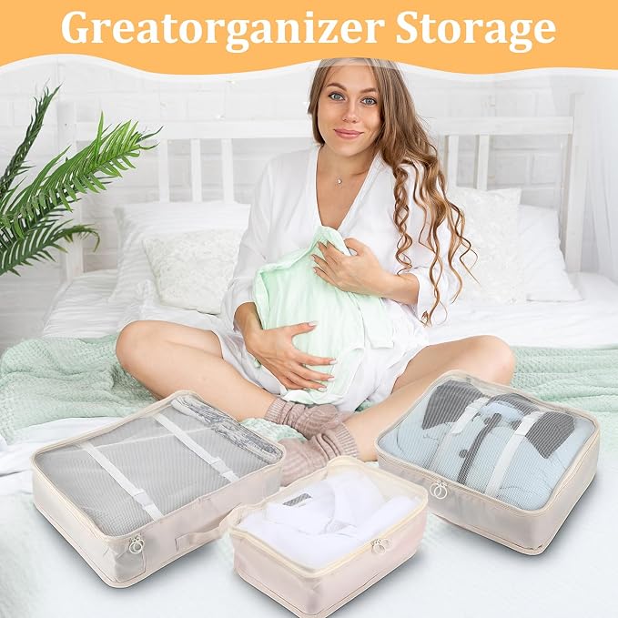12 Pcs Packing Cubes for Suitcase Travel Luggage Bags Bulk Mesh Organizer Set for Hiking Camping Backpacking Clothes Accessories(Light Khaki, S, M, L Size) - Image 4