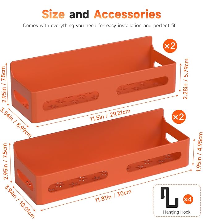4-Pack Magnetic Spice Rack for Refrigerator with Hooks, Orange | Strong multipurpose magnetic shelf for kitchen & bathroom organization. Includes 4 removable hooks for hanging items. - Image 7