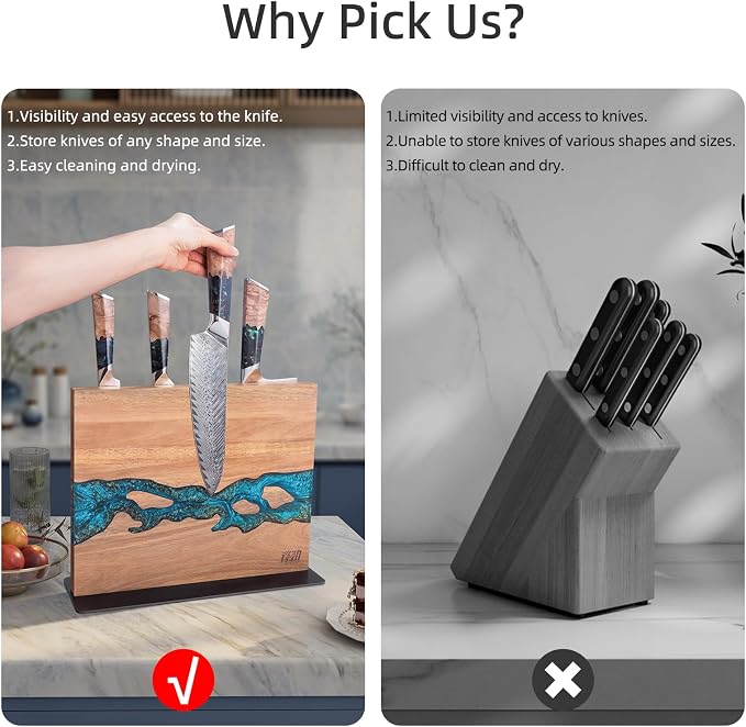 Magnetic Knife Block, Double Sided Holder, Powerful Magnet Kitchen Storage, Acacia Wood and Blue Resin (12 x 10 Inches, Without Knives) - Image 5