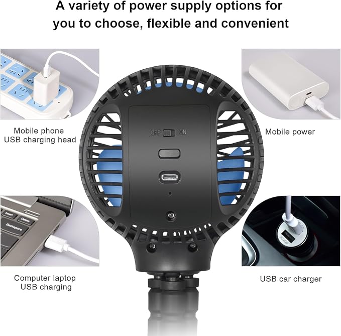 WiHoo Portable Stroller Fan, 11H Ultra-long Battery Life 3 Speed 360°Rotate, USB Rechargeable or Battery Operated Cooling Clip On Personal Fan for Baby Crib Travel Car Seat Black - Image 7