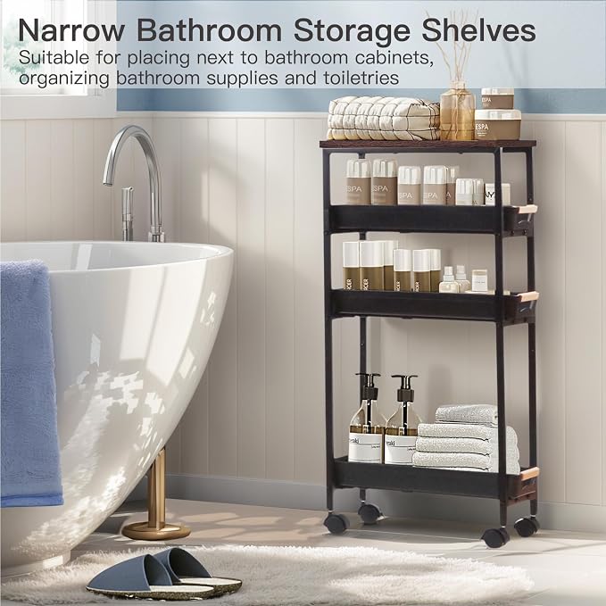5 Tier Narrow Slim Rolling Cart Wood Top Storage Cart Black | 5 tier narrow rolling cart slides into 8 inch gaps, while solid wood top provides durable storage over plastic surfaces - Image 6