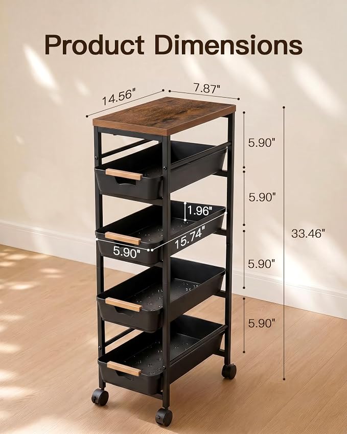 Pipishell Slim Storage Cart, Wooden Top Narrow Kitchen Storage Cart, Black | 5 Tier Skinny Rolling Cart with Pull-Out Baskets, Vented Design & Lockable Wheels for Kitchen, Bathroom, Laundry Room - Image 6