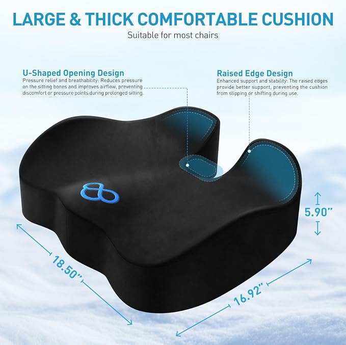 BlissTrends Extra Thick Seat Cushion for Office Chair & Car Seat, Black | Tailbone & Sciatica Relief, Ergonomic Support, High-Density Memory Foam, Comfort for Extended Sitting - Image 2