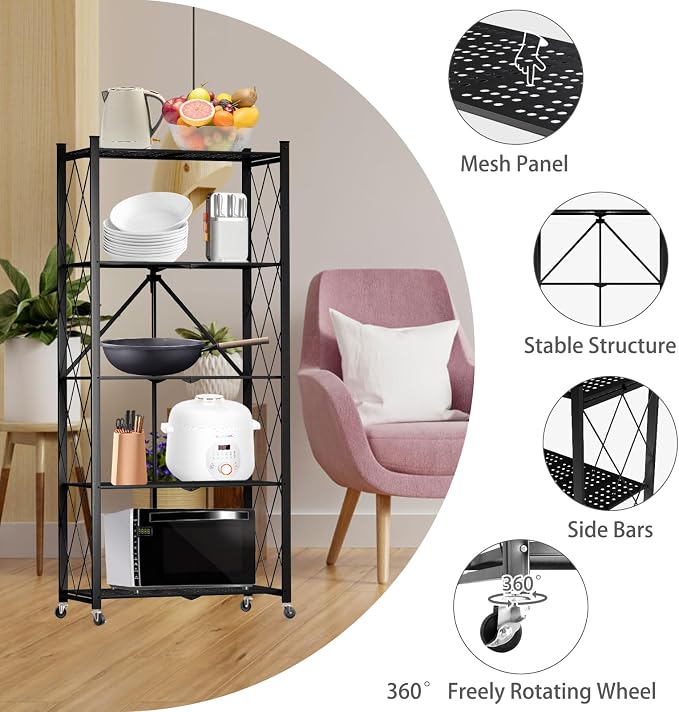 5 Tier Folding Shelf with Wheels,Metal Steel Collapsible Shelves | No Assembly Portable Shelves Organizer Rack,Rolling Standing Utility Rack for Kitchen, Pantry, Office, Black - Image 6