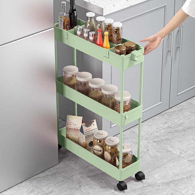 Slim Storage Cart 3 Tier,Bathroom Organizer Rolling Utility,Mobile Shelving Unit Slide Out for Office, Kitchen, Laundry Room & Narrow Places，Green - Image 4